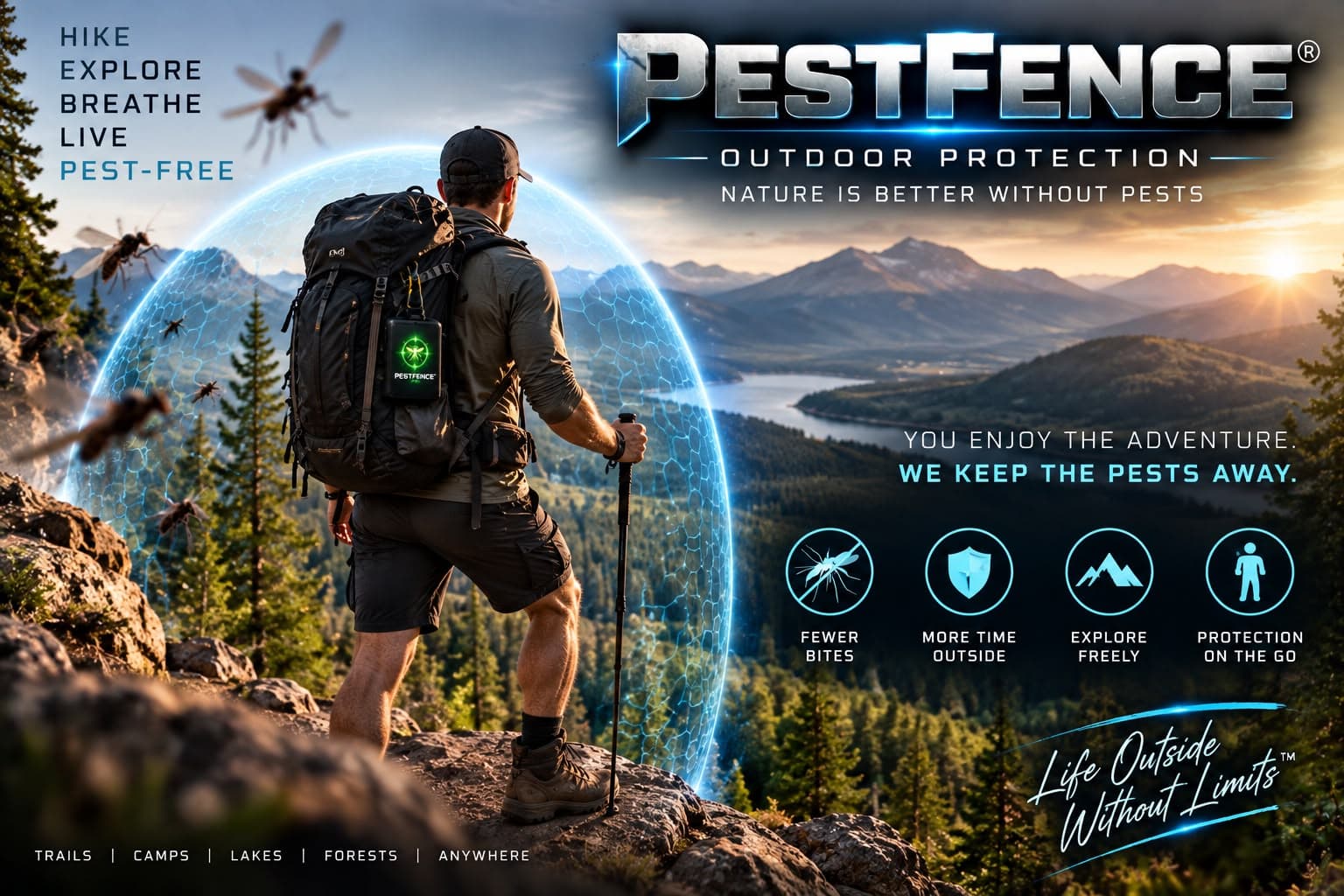 A hiker on a wooded trail, carrying a small personal protection module.
