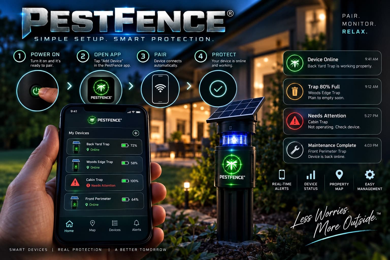 A phone showing the PestFence® app being used alongside a connected outdoor device.