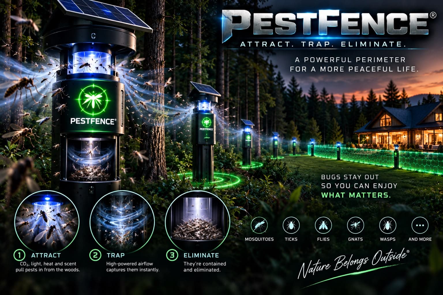 A simplified step-by-step depiction of setting up and running a PestFence® property system.