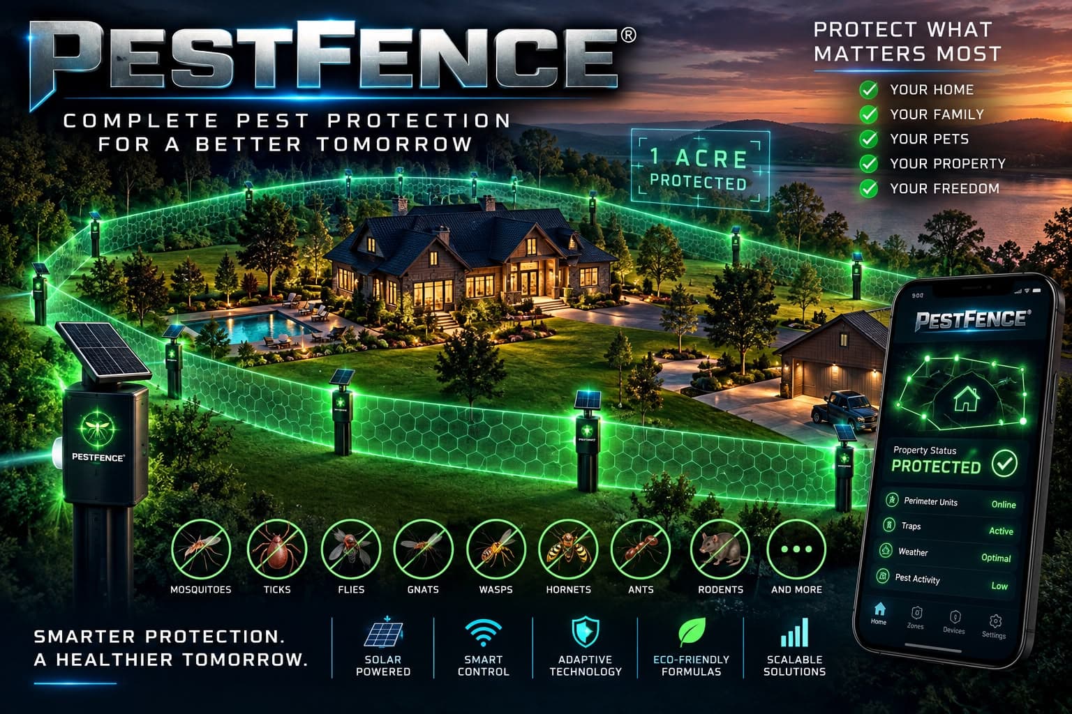 The whole PestFence® idea shown as one connected outdoor protection concept.